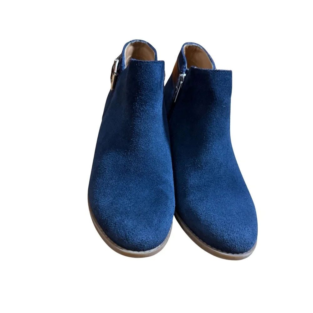 Vionic Blue Suede Ankle Booties Size 6 Buckle Side Zip Block Heel Comfort